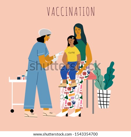 Children vaccination and immunization concept. Child on mothers knees gonna make a vaccine injection.  Doctor pediatrician  with syringe and gloves vaccinating a kid. Flat colorful vector illustration