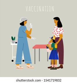 Children vaccination and immunization concept. Mom with kid gonna make a vaccine injection.  Doctor pediatrician  with syringe ready to vaccinating a child. Flat colorful vector illustration.