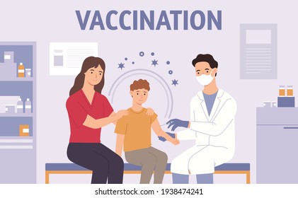 Children vaccination. Pediatrician doctor make injection for immunization. Mother and kid in hospital. Virus or flu vaccine vector concept