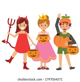 Children in variety Halloween costume are enjoy. trick or treat. Pumpkin boy,princess,red devil girl.