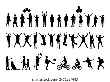 Children various activities in row vector silhouette set collection.	