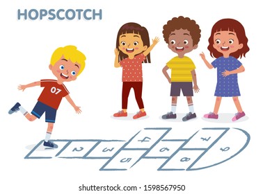 Children of various Ethnic Groups playing hopscotch happily together.