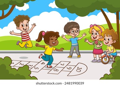 Children of various Ethnic Groups playing hopscotch happily together.