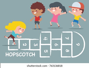 Children of various Ethnic Groups playing hopscotch. Children vector illustration