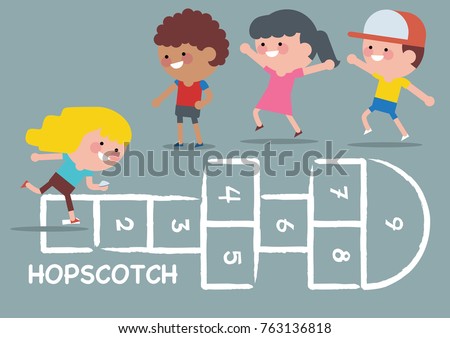 Children of various Ethnic Groups playing hopscotch. Children vector illustration