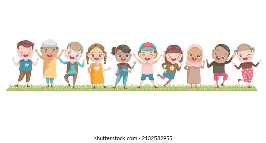 Children various nationalities in the summer park in casual clothes.