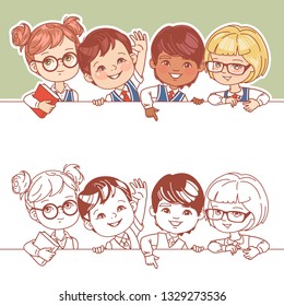 Children of various nations hold blank banner. Students wear school uniform. Smart intellectual  boys and girls study together. Multinational class. Color and outline vector illustration.