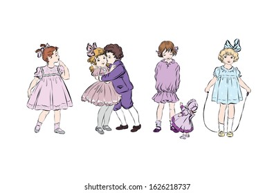 Children in various poses and activities. Young cavalier hugs lady. Girl jumping rope. Doll in pink dress. 