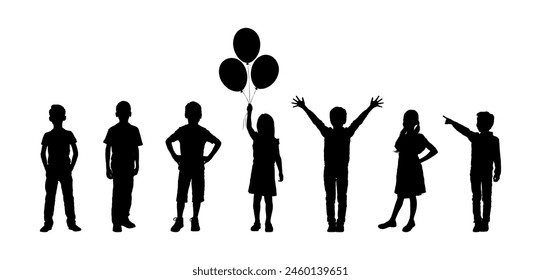 Children various poses standing in row vector silhouette set.	