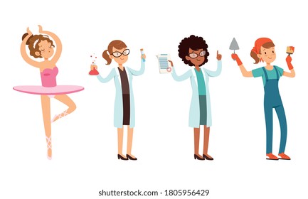 Children of Various Professions Set, Ballerina, Doctor, Scientist Characters Cartoon Style Vector Illustration