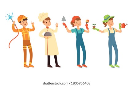 Niños de diversas profesiones, bomberos, cocineros, pintores, personajes de jardinería, ilustración vectorial de estilo de dibujos animados
