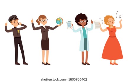 Children of Various Professions Set, Police Officer, Teacher, Docter, Singer Characters Cartoon Style Vector Illustration