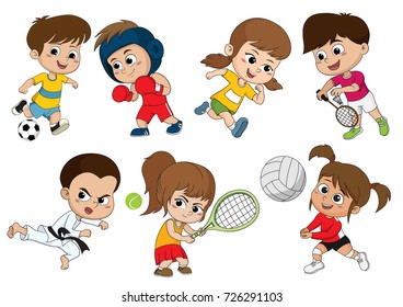 Children of various types of sports, such as soccer, boxing, running, badminton, taekwondo, play tennis, volleyball.Sports help make body strong and also build immunity for kids.