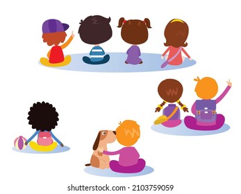 Children vector concept: Back view group of little children sitting together on white background