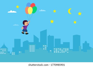 Children vector concept: boy flying above the city holding colorful balloons