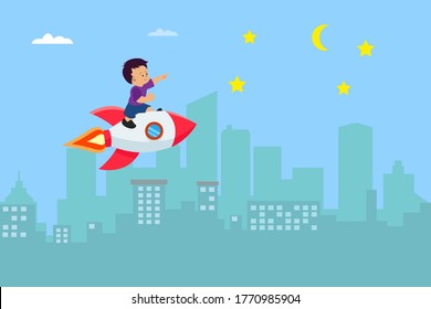 Children vector concept: boy flying with a rocket over city buildings with moon and stars