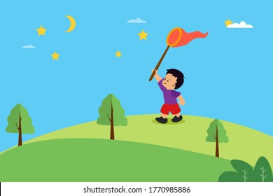 Children vector concept: boy playing with a nest catching the stars in the sky