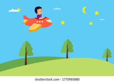 Children vector concept: boy riding an airplane on the hills through the sky full of stars and a crescent moon