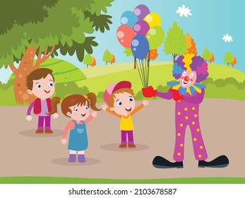 Children vector concept: Funny clown giving colorful balloon to cute children while playing in the park