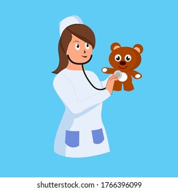 Children vector concept: A girl dreams becoming a doctor checking on the teddy bear's chest with her stethoscope