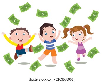 Children vector concept: Group of children feeling happy with much money on the air while jumping together