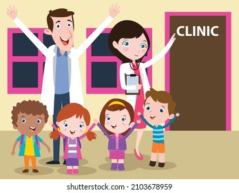 Children vector concept: Group of little children visiting clinic together while standing with young pediatrician