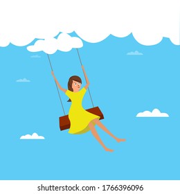 Children vector concept: Joyful girl playing on a swing hanging from the clouds 
