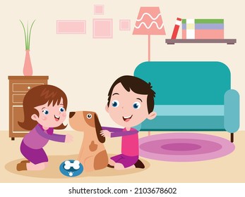 Children vector concept: Little boy and girl feeding dog together while playing at home