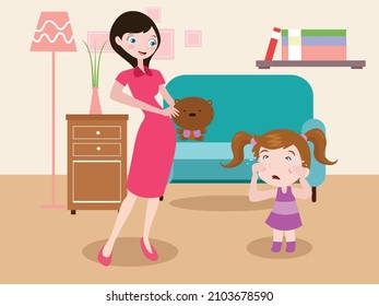 Children vector concept: Little daughter crying at home while her mother giving a doll or teddy bear to her