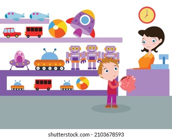 Children Vector Concept: Little Son Buying Toys With Money On His Piggy Bank While Woman Seller Standing In The Shop