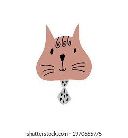 Children Vector Cute hand drawn Cat face. Scandinavian Design illustration isolated on white background. Design element of t-shirt, home textiles, wrapping paper, textiles.
