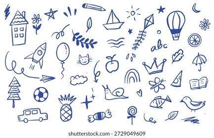 Conjunto de garabatos de Vector para niños. Actividad preescolar linda infantil, educación doodle fondo. Ilustración vectorial