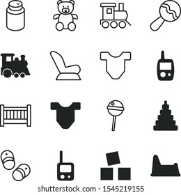 children vector icon set such as: stacking, vintage, powder, Shoes for little children, chair, screen, beby, pee, ear, care, children's toilet, shoes, carriage, buds, freight train, black, vehicle