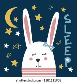 Children vector illustration of animals. Postcard sleeping hare, stars, moon, night, stars. The image to be printed on clothing, textiles, utensils.