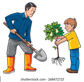 Children vector illustration of boy with a small pear tree and man gardener with a shovel
