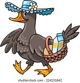 Children vector illustration of brown duck in hat with basket with milk and bread
