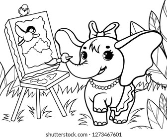 Children vector illustration of a cute elephant with easel. Page for children coloring.