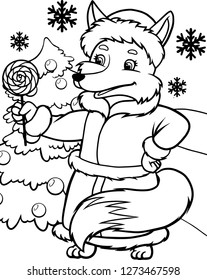 Children vector illustration of cute fox in a fur coat and hat. Page for children coloring.