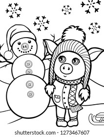 Children vector illustration of a cute pig in a winter hat with a snowman. Page for children coloring.