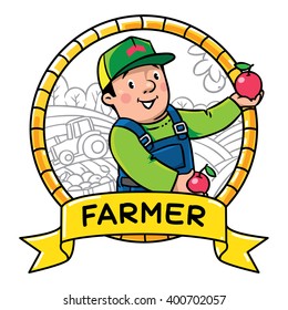Children vector illustration or emblem of funny farmer or gardener in overall and baseball cap with apples in his hands in round frame with cartouche. Profession ABC series. 