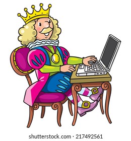 Children vector illustration of fairy tale king in crown on the chair with the laptop on the table
