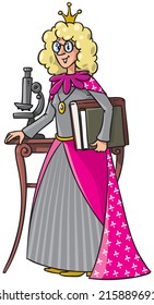 Children vector illustration of female scientist with blonde curly hair is standing with books near the table with the microscope