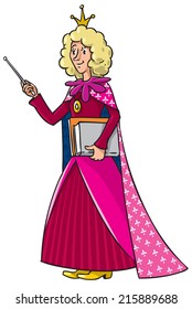 Children vector illustration of female teacher with blonde curly hair standing with books and pointer