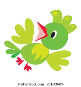Children vector illustration of flying funny green bird or small parrot