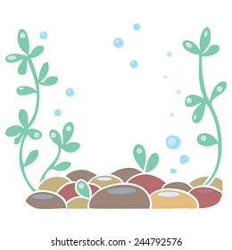 Children vector illustration of framing in the form of aquarium bottom or ocean floor with plant and stones