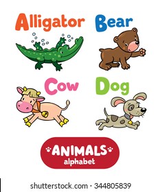 Children vector illustration of funny alligator, bear, cow and dog. Animals zoo alphabet or ABC.