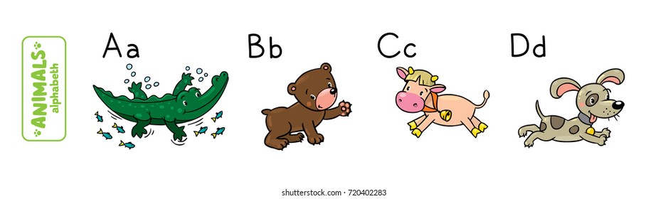 Children vector illustration of funny alligator, bear, cow and dog. Animals zoo alphabet or ABC.