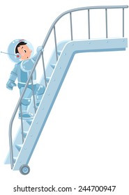 Children vector illustration of funny boy cosmonaut or astronaut ascending the stairs