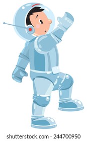 Children vector illustration of funny boy cosmonaut or astronaut ascending the stairs