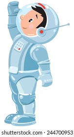 Children vector illustration of funny boy cosmonaut or astronaut raising her hand